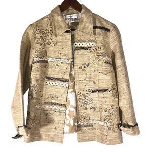 Coldwater Creek Linen Blend Embroidered w/ Trim Open Front Jacket PS